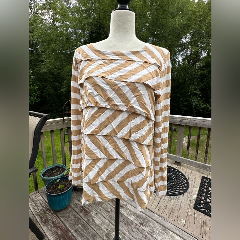 Chico’s Tan/White Stripe Ruffle Top